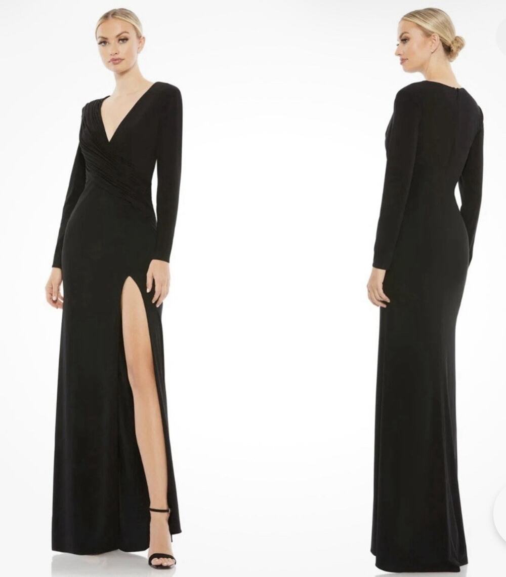 Ieena MAC DUGGAL Black RUCHED Jersey LONG SLEEVE High Slit COLUMN GOWN 2 NWOT